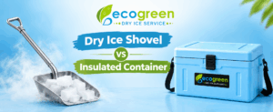 Dry ice shovel and insulated dry ice container displayed together
